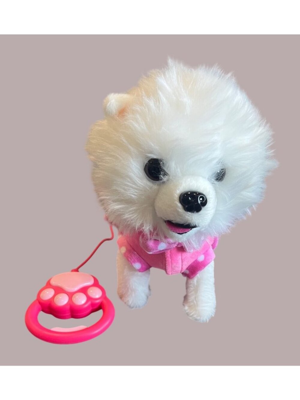 Interactive White Plush Dog Toy In Pink Polka Dot Dress With Remote Control Paw